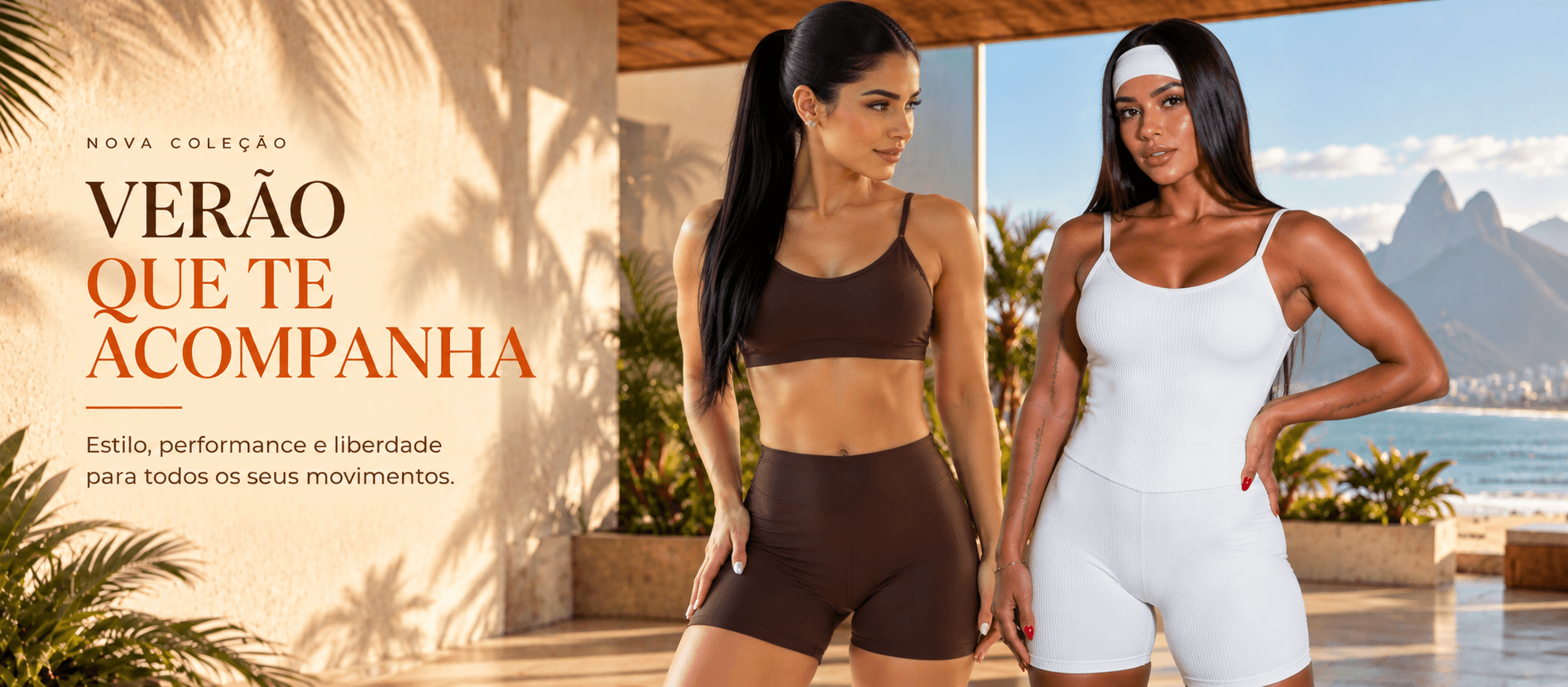 Duas modelos com conjuntos fitness Vibe Carioca em um terraço com vista para o mar do Rio de Janeiro