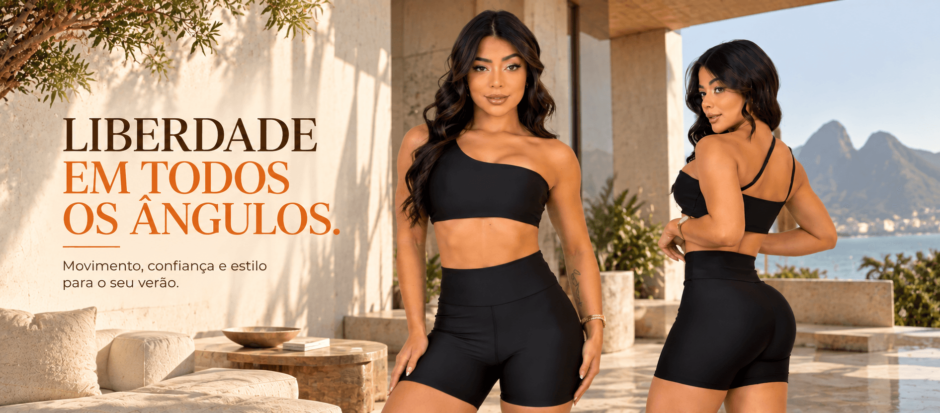 Modelo com top de um ombro só e short preto Vibe Carioca, vista de frente e de costas